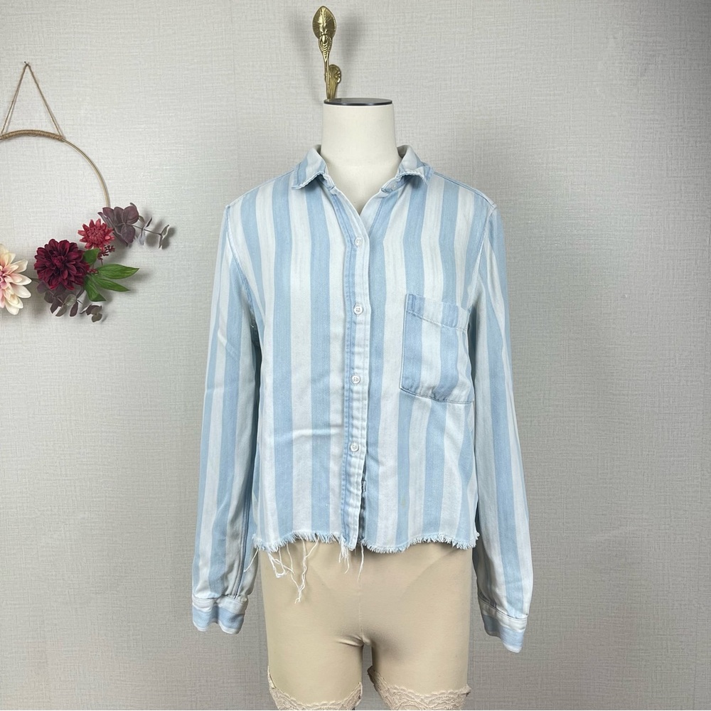 Rails Raw Hem Collar Button Down Stripe Long Sleeve Top size Small